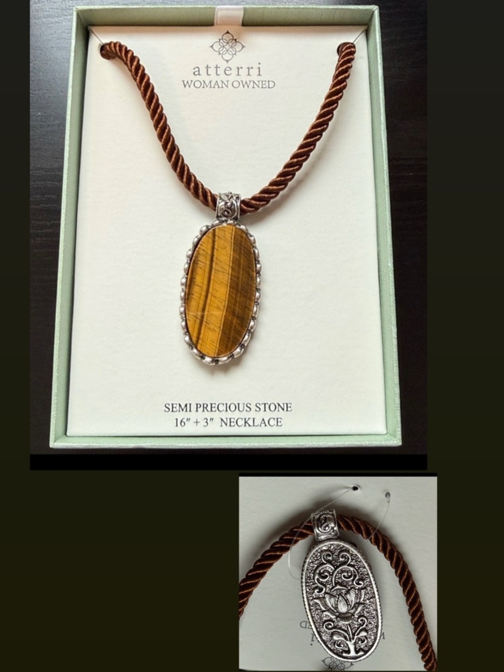 Atterri Tiger's Eye Semi precious Stone Pendant Twisted Rope Necklace 16” or 19”